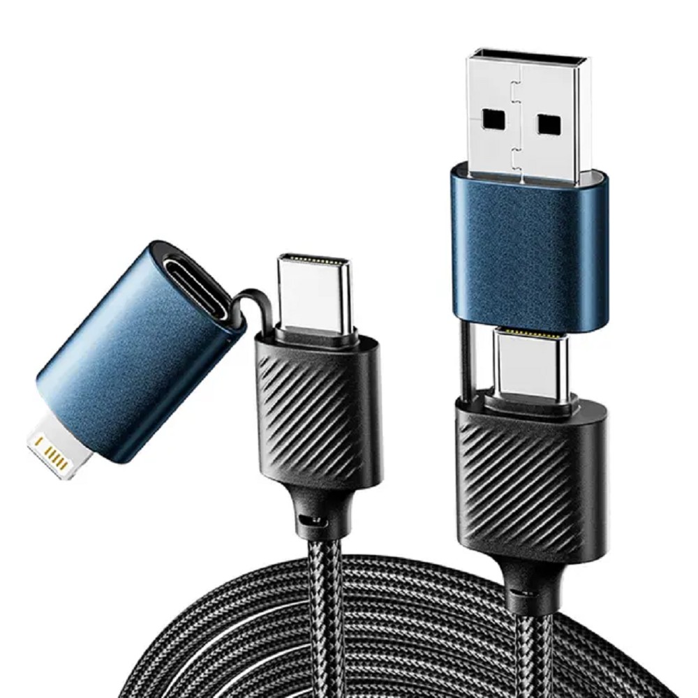 Rexant (18-7094) Кабель 4в1 USB-A, Type-C, Type-C, Lightning 65Вт, 1м, в черной нейлоновой оплетке 