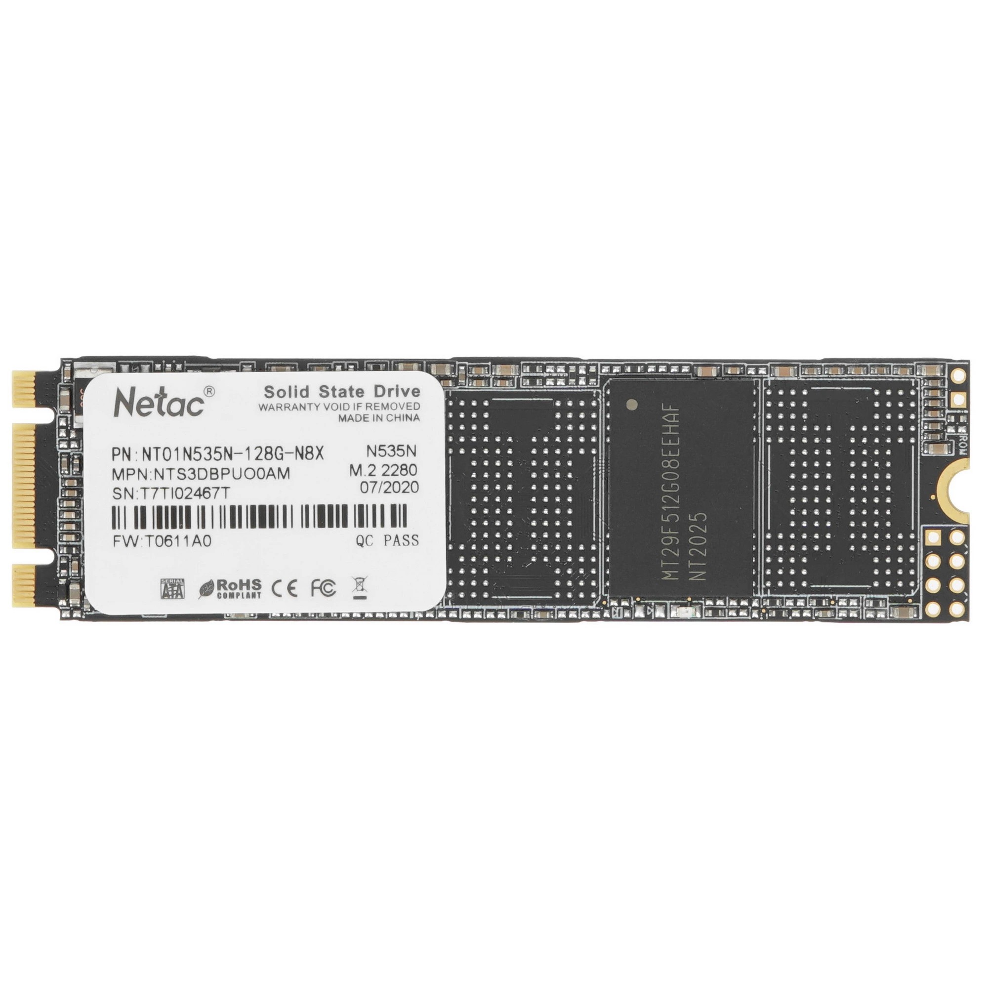 SSD M.2 Netac 128Gb N535N Series <NT01N535N-128G-N8X> Retail (SATA3, up to 510/440MBs, 3D NAND, 70TBW)