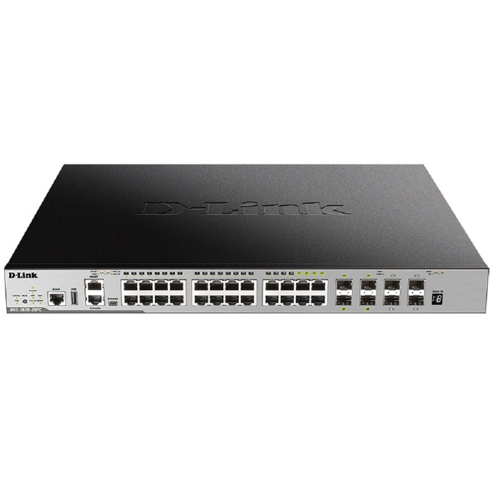 D-Link DGS-3630-28PC/A2ASI Управляемый L3 PoE-коммутатор, стек, 20x1000Base-T, 4x10GBase-X SFP+, 4xCombo 1000Base-T/SFP, ПО SI