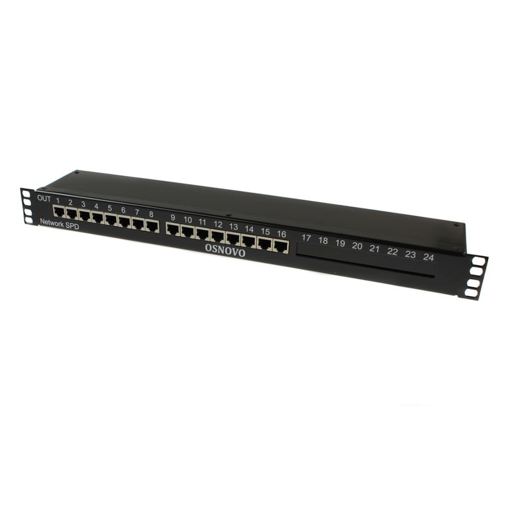 SP-IP16/1000PR 1U устройство грозозащиты для локальной вычислительной сети на 16 портов (скорость до 1000 Мб/с) с защитой линий PoE (af/at, методы A + B, контакты 1/2, 3/6, 4/5, 7/8).