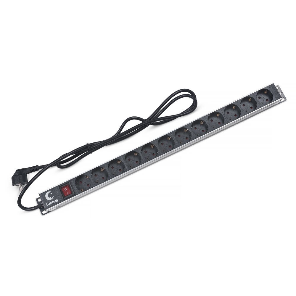 Cabeus PDU-12P-2EU Блок евророзеток для 19" шкафов, 12 розеток, 16 A, выключатель, шнур 2м, алюминиевый корпус, немецкий стандарт