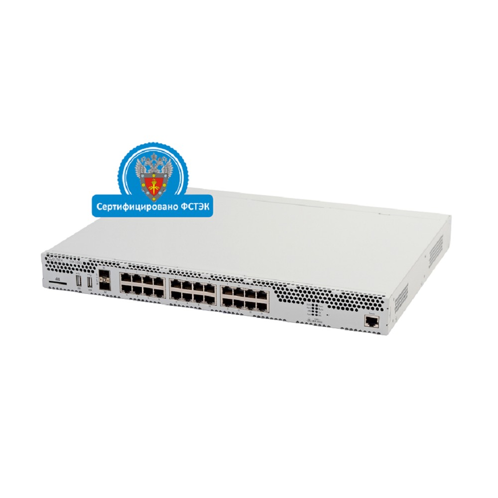 ELTEX ESR-1000 FSTEC Межсетевой экран A4, 24x10/100/1000BASE-T, 2x10GBASE-R SFP+, 2xUSB 2.0, 1 слот для SD-карт, 4 ГБ RAM, 1 ГБ NAND-Flash, 2 слота для модулей питания 220 В AC или 48 В