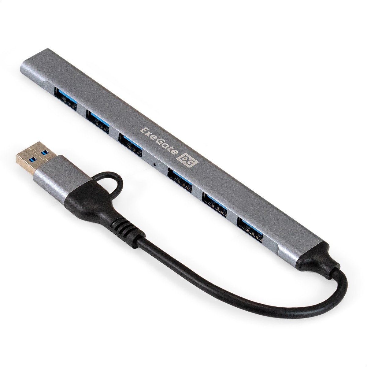 Exegate EX299790RUS USB-Хаб (концентратор) 7-в-1 ExeGate DUB-761C3 (кабель-адаптер USB Type-A + Type-C --> 6xUSB2.0, 1xUSB3.0, Plug&amp;Play, серебристый)