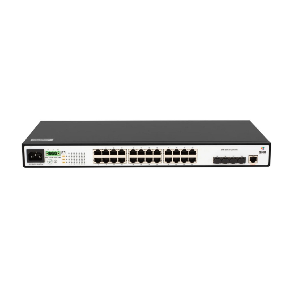 SNR SNR-S2985G-24T-UPS Управляемый гигабитный коммутатор уровня 2, 24 порта 10/100/1000Base-T, 4 порта 100/1000Base-X (SFP), встроенный БП ~220V AC, разъем для АКБ 12V с возможностью заряда