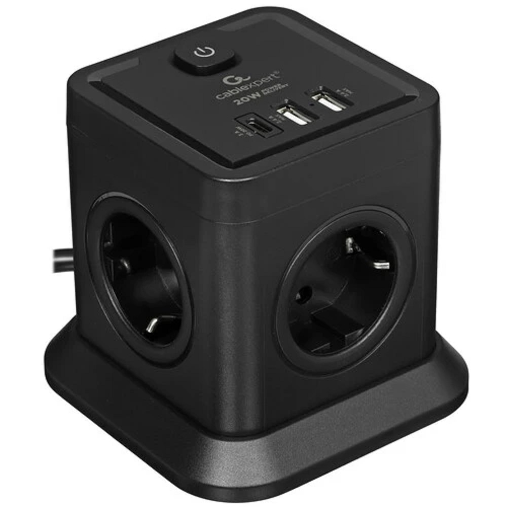 Cablexpert Сетевой фильтр Tower TWR-4-CU2-B-2 (4р, 10А, 1xType-C PD, 20Вт, 2 х USB, 2м, ур.защиты 2+) черный, коробка