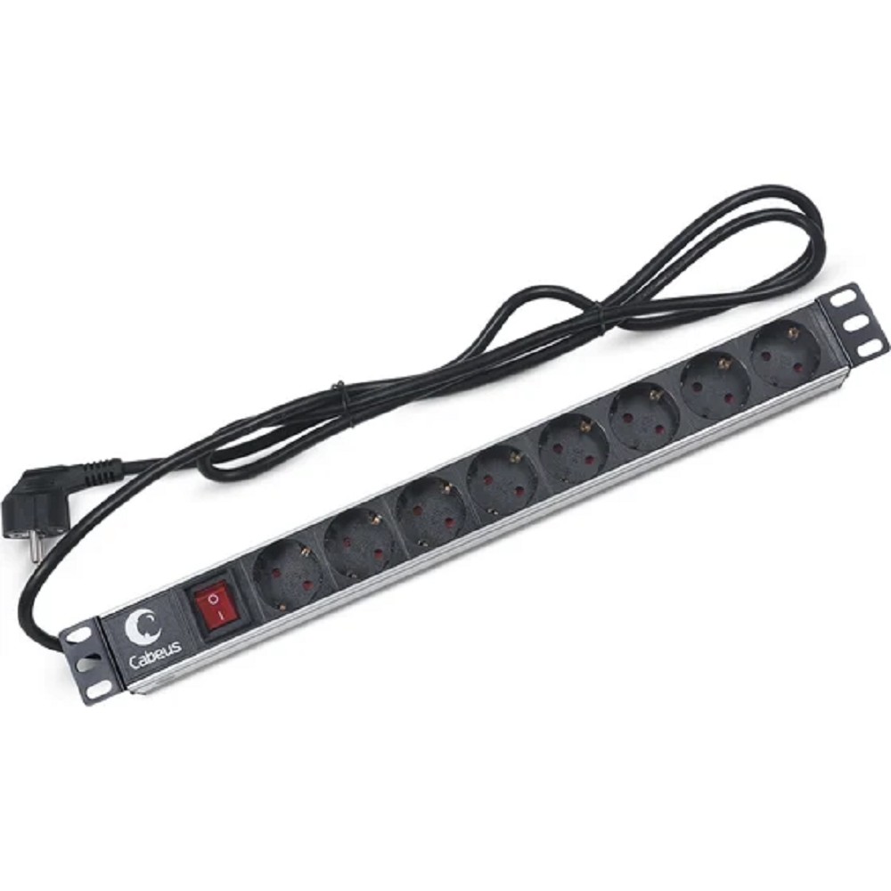 Cabeus PDU-8P-2EU Блок евророзеток для 19"шкафов, горизонтальный, 8 розеток, 16 A,выключатель, шнур 2м, алюминиевый корпус