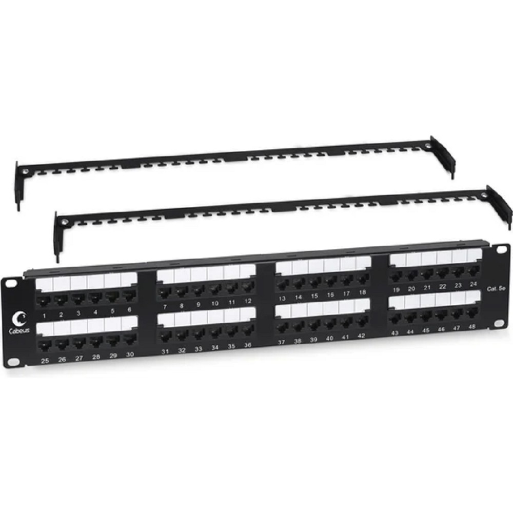 Cabeus PL2-48-Cat.5e-Dual IDC Патч-панель 19" (2U), 48 портов RJ-45, категория 5e, Dual IDC, с задним кабельным организатором
