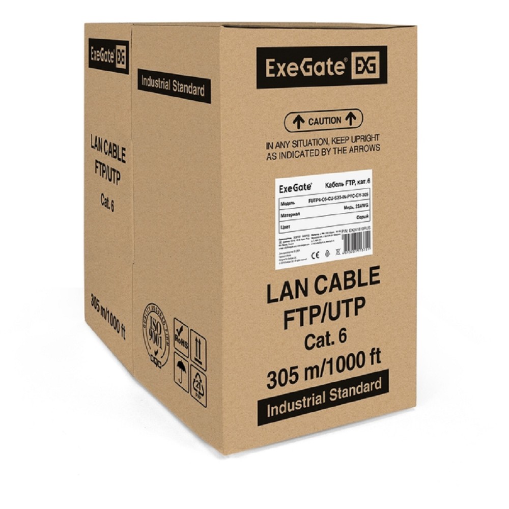 Exegate EX281810RUS Кабель ExeGate FUTP4-C6-CU-S23-IN-PVC-GY-305 FTP 4 пары кат.6 медь, 23AWG, экран, бухта 305м, серый, PVC