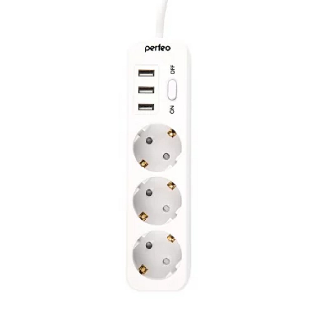 Perfeo сетевой фильтр "POWER STREAM", 2500W, двойная защита, 2м, 3 розетки, 3 USB, белый.