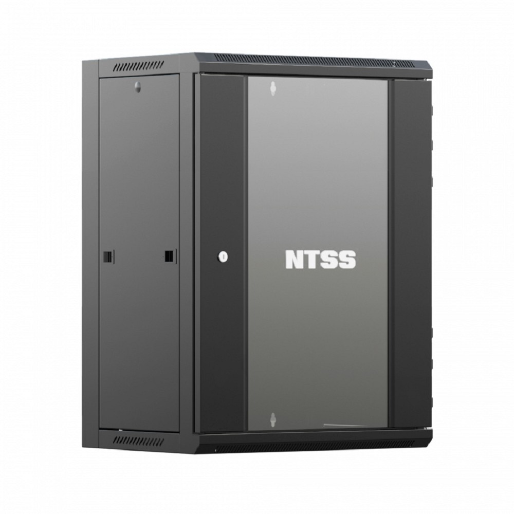 NTSS Шкаф настенный телекоммуникационный NTSS W 15U 600х450х770мм, 2 профиля 19, дверь стеклянная, боковые стенки съемные, задняя стенка, разобранный, черный RAL 9005 NTSS-W15U6045GS-BL