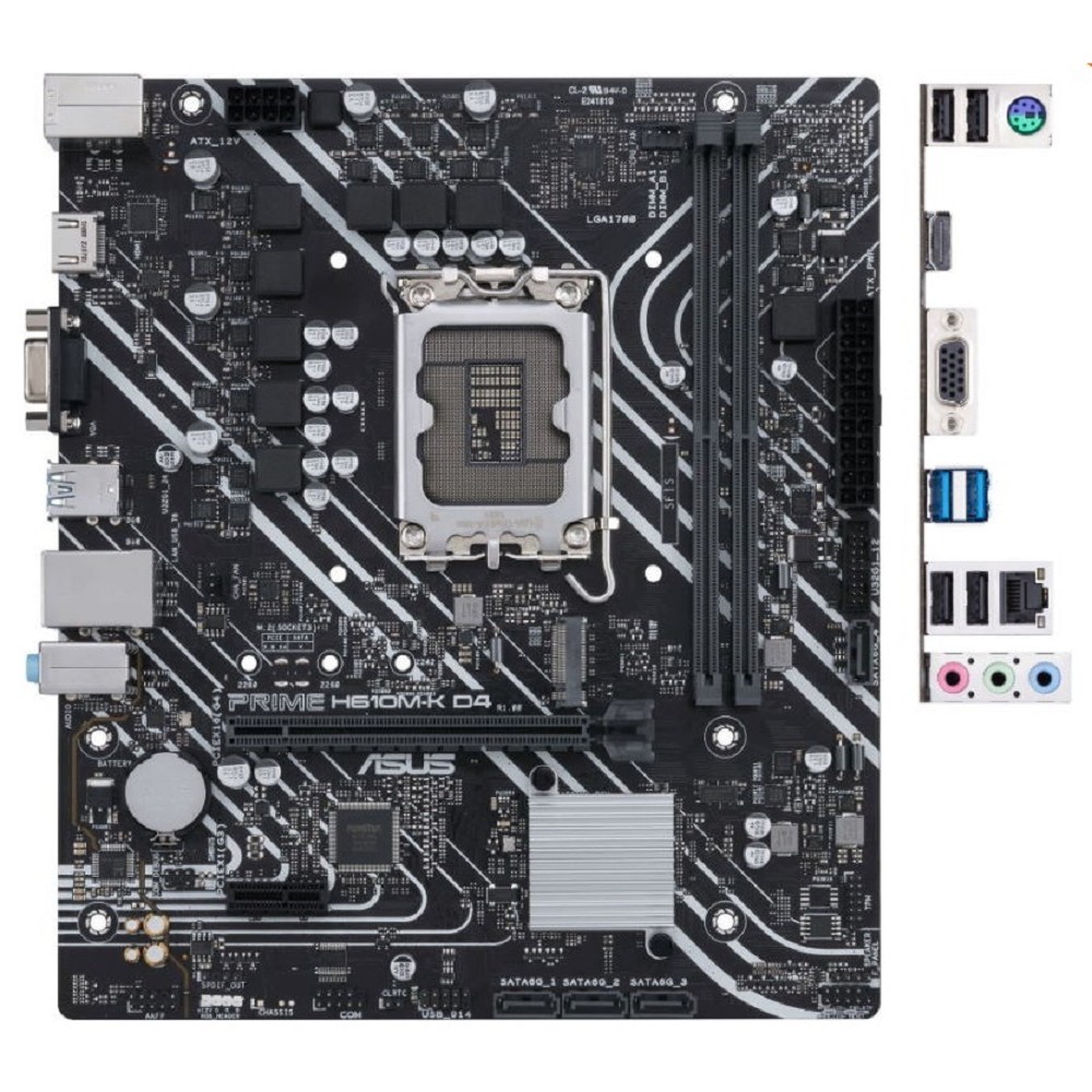 ASUS PRIME H610M-K D4 (Socket 1700, mATX, 2xDDR4(64GB), VGA/HDMI 2.1, 1xPCIe 4.0x16/1xPCIe 3.0/1xLAN, 4xSATA 6Gb/s, 1xM.2, 2xUSB 3.2, 4xUSB 2.0, 1xPS/2)