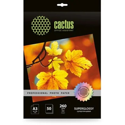 Фотобумага Cactus Prof, A3, для струйной печати, 50л, 260г/м2, белый, покрытие глянцевое [cs-hga326050]