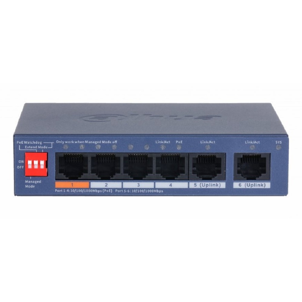 DAHUA DH-CS4006-4GT-60-V2 4-портовый гигабитный PoE коммутатор с функцией облачного управления 4 RJ45 10/100/1000Мбит/с (PoE/PoE+/Hi-PoE), 2 RJ45 10/100/1000Мбит/с (uplink)