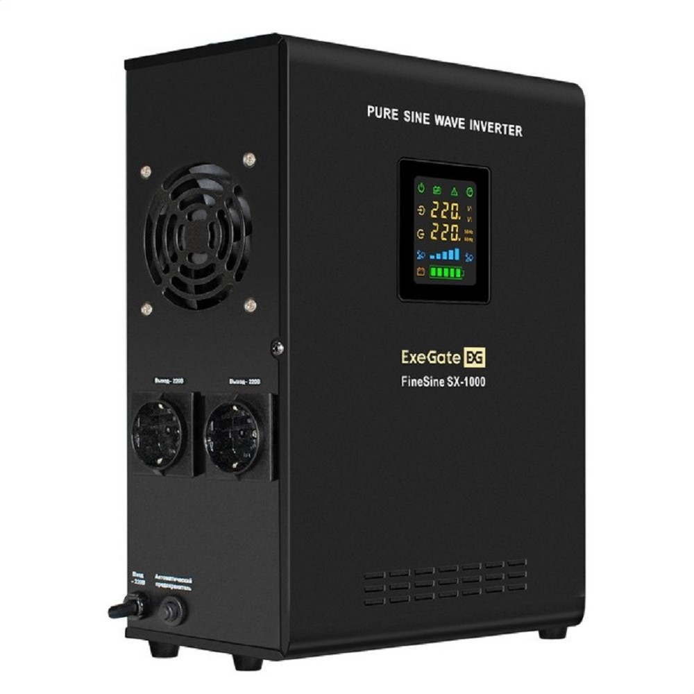 Exegate EX295997RUS ИБП (инвертор, синус, для котла) настенный ExeGate FineSine SX-1000.LCD.AVR.2SH <1000VA/600W, чистая синусоида, цветной LCD-дисплей, AVR, 2*Schuko, линейно-интерактивный, внешняя б
