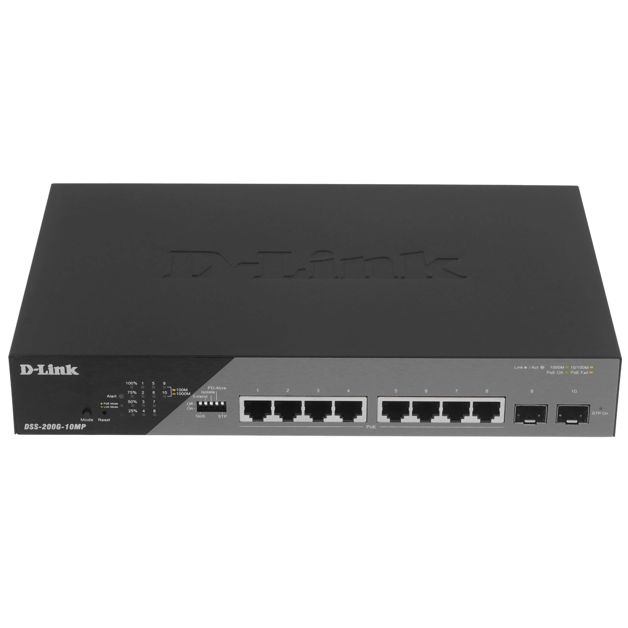 D-Link DSS-200G-10MP/A1A Настраиваемый L2 коммутатор с 8 портами 10/100/1000Base-T и 2 портами 1000Base-X SFP (8 портов PoE 802.3af/at, PoE-бюджет 130 Вт, дальность до 250 м)  