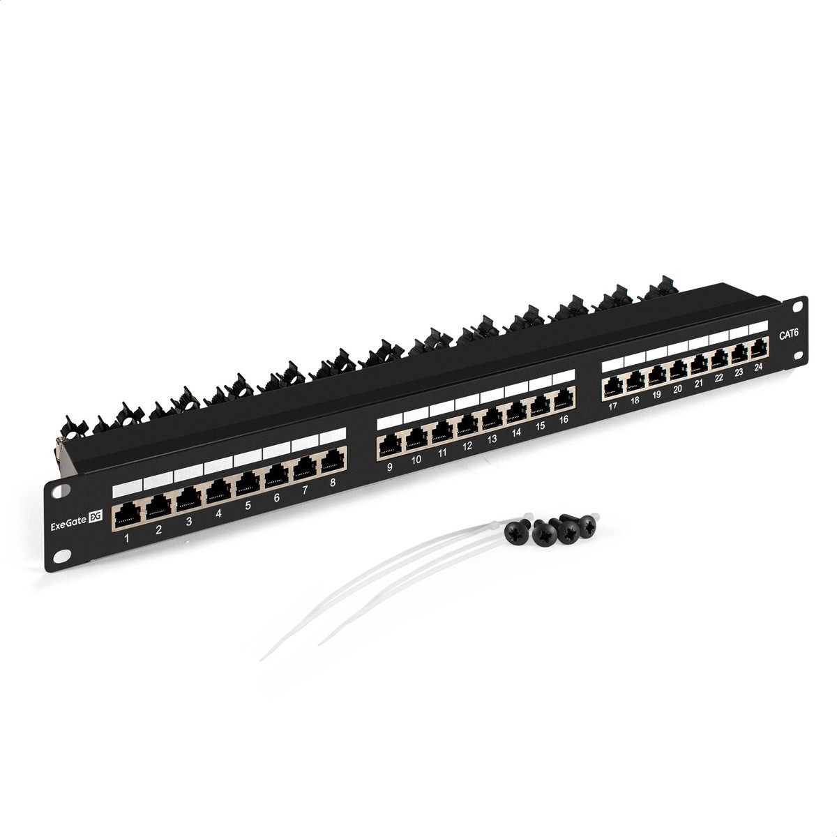 Exegate EX297318RUS Патч-панель ExeGate EPP3-19-24-8P8C-110D-STP90 (19", STP, 24 port, cat.6, KRONE&amp;110(dual IDC), 90 градусов, 1U, RoHS, с кабельным органайзером, Black, RTL)