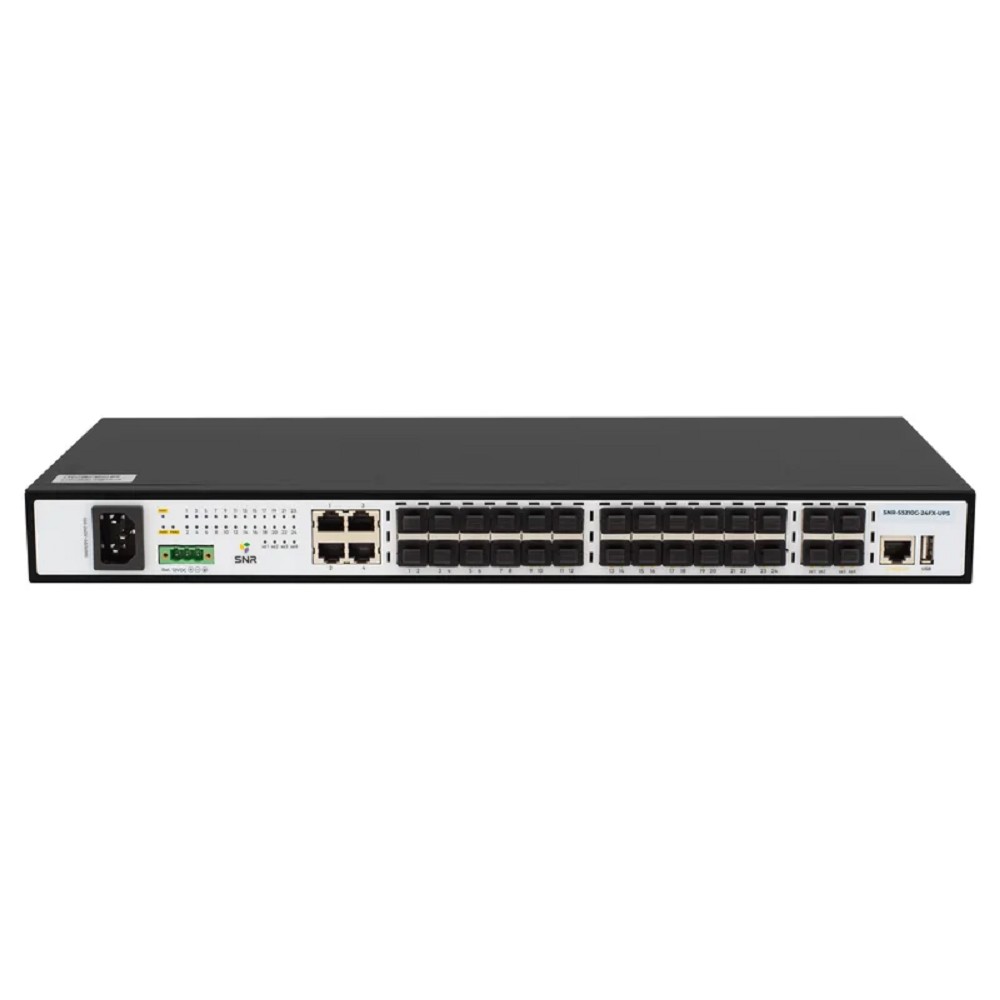 SNR SNR-S5210G-24FX-UPS Управляемый коммутатор уровня 2+, 20 портов 100/1000Base-X SFP, 4 порта Combo 10/100/1000Base-T|100/1000Base-X SFP, 4 порта 1/10G SFP+, встроенный БП ~220V AC, разъем для АКБ 1