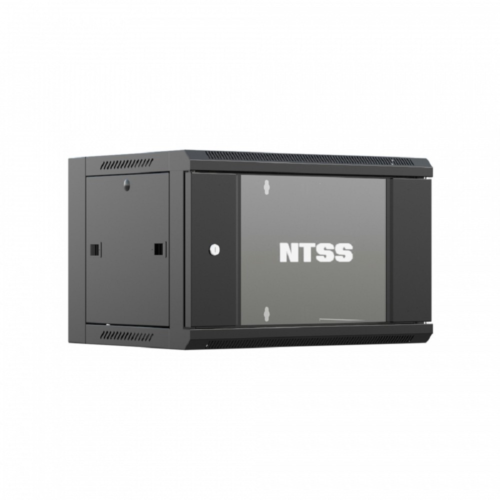 NTSS Шкаф настенный телекоммуникационный NTSS W 6U 600х600х370мм, 2 профиля 19, дверь стеклянная, боковые стенки съемные, задняя стенка, разобранный, черный RAL 9005 NTSS-W6U6060GS-BL