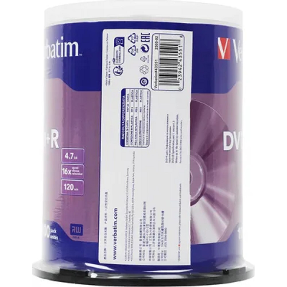 Verbatim Диски DVD+R 4.7Gb 16-х, 100шт, Cake Box (43551)