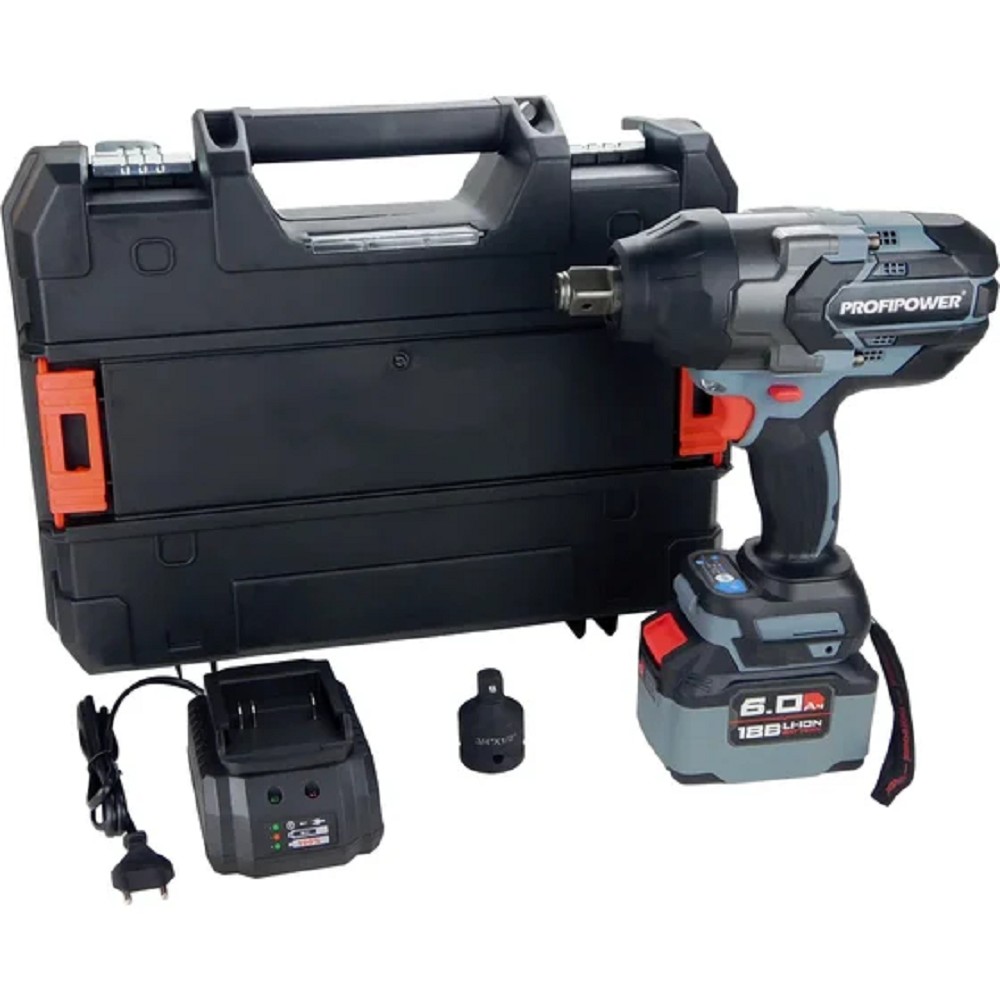 Аккумуляторный бесщеточный ударный гайковерт PROFIPOWER T-1200N (20В,Li-ion-1шт, 6.0Ач, 1200Нм, переходник 3/4"-1/2", З/У, в кейсе) [E0244]