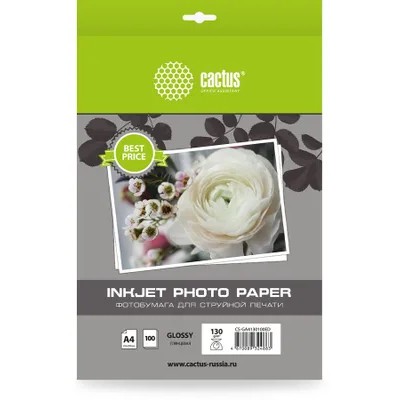 Фотобумага Cactus CS-GA4130100ED, A4, для струйной печати, 100л, 130г/м2, белый, покрытие глянцевое