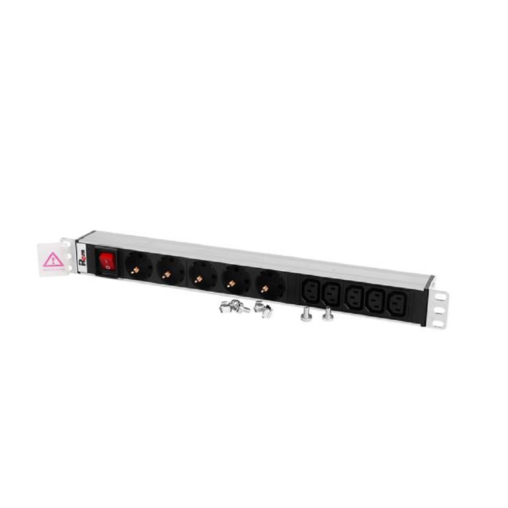 REM Блок розеток Rem-10 без шнура с выкл., 5 Schuko, 5 IEC 60320 C13, вход IEC 60320 C14, 10A, алюм., 19" (R-10-5S-5C13-V-440-Z)