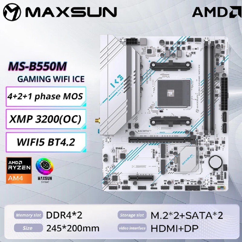 MAXSUN MS-B550M GAMING WIFI ICE (Socket AM4, mATX, 2*DDR4(64Gb), DP/HDMI,  3*SATA3, 2*M.2,  1*PCIEx16/1*PCIEx4, 4*USB2.0, 2*USB 3.0, LAN 1*1G, Bluetooth,  Wi-Fi 802.11ac, RTL)