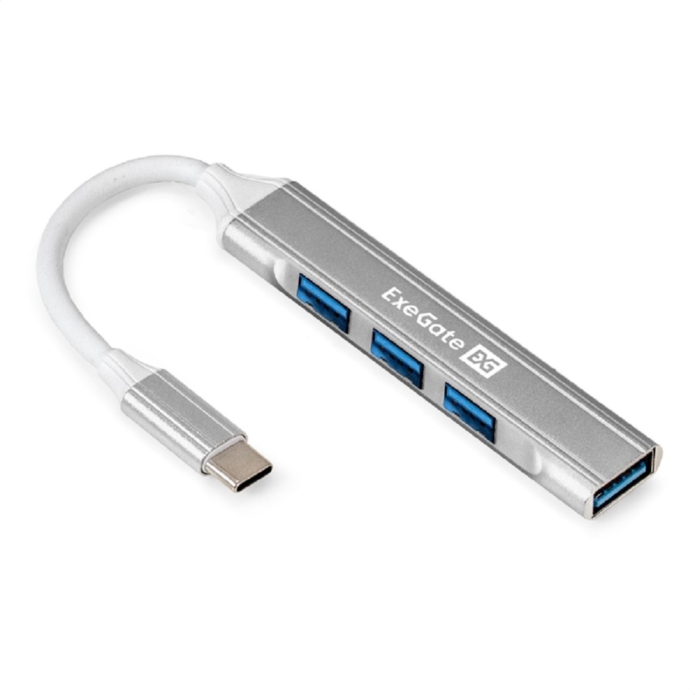 Exegate EX298168RUS USB-Хаб (концентратор) 4-в-1 ExeGate DUB-3213C (кабель-адаптер USB3.0 Type-C --> 3xUSB2.0, 1xUSB3.0, Plug&amp;Play, Серебристый)