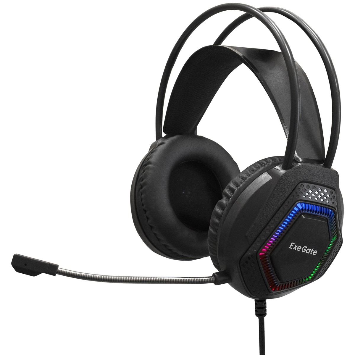 Повреждение упаковки ExeGate Cosmos HS-704GL (объемный звук 7.1, длина кабеля 2.5м, динамик 50мм, 20-20000Гц, RGB подсветка, USB интерфейс, регулировка громкости, Color Box)