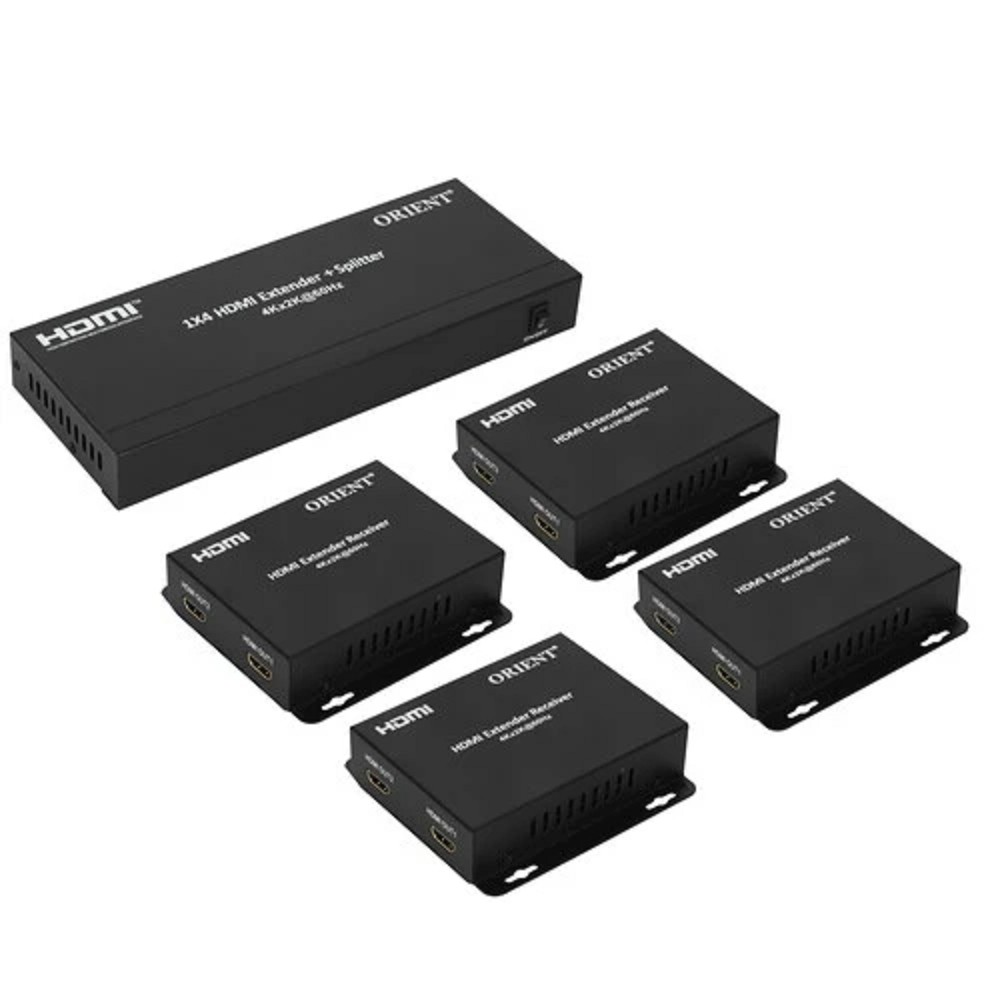 ORIENT HSP0104VE-2.0, HDMI 4K Splitter/Extender (Tx+4xRx), активный удлинитель на 8 устройств до 60 м по кабелю витая пара Cat6, 1 вход/4 выхода RJ45, HDMI 2.0, 4K@60Hz, HDCP2.2, в комплекте 4 приемни