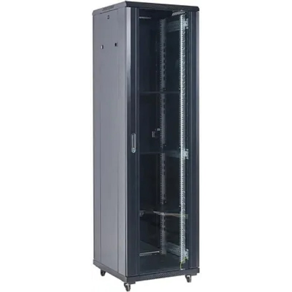 Rexant (04-4268-212) Шкаф телекоммуникационный напольный 19" 42U 600х800х2054мм, дверь стекло, задняя дверь металл, разборный, черный (RAL 9005