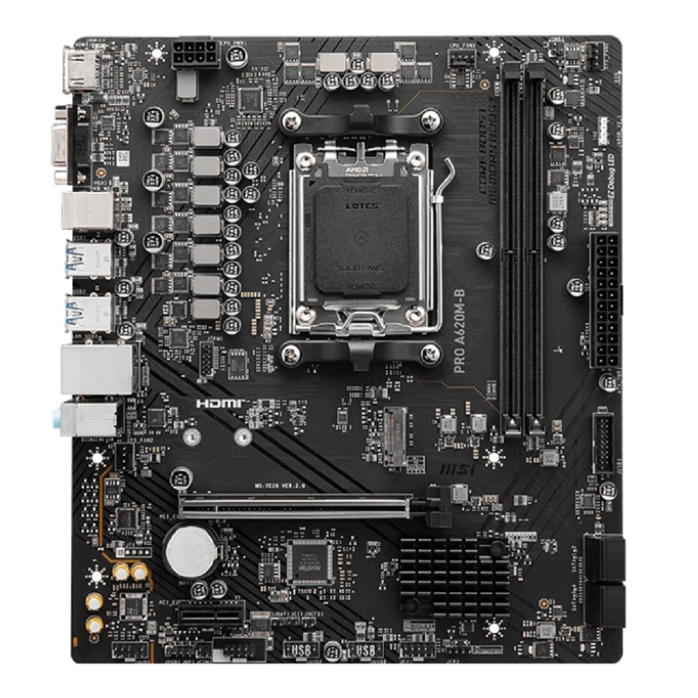 MSI PRO A620M-B A620, AM5, 2*DDR5, 1*PCIEx16, 1*PCIEx1, 1*M.2, 6*USB3.2Gen1, 6*USB2.0, 4*SATA3.0, 2.5G, VGA, HDMI, M-ATX, RTL