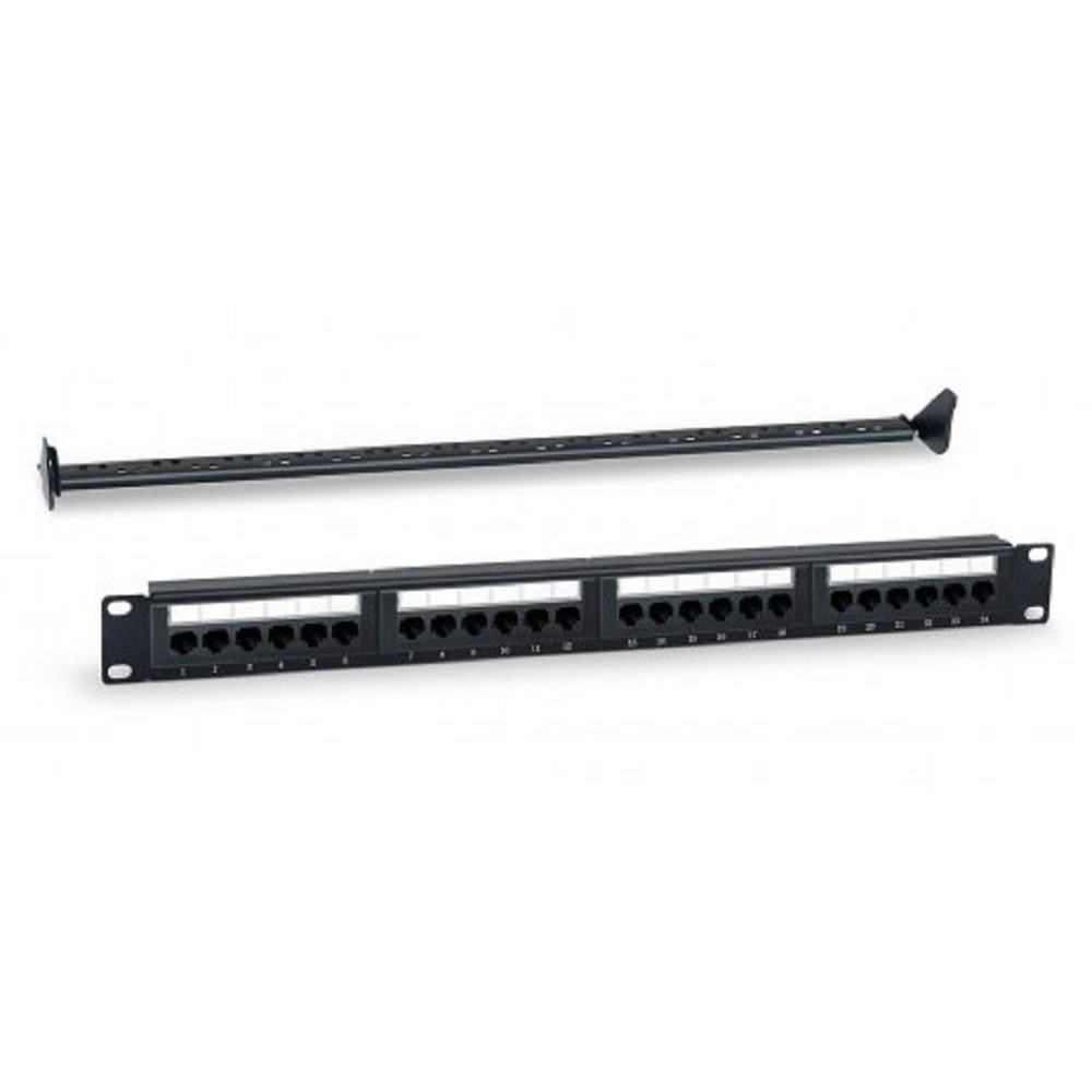 WRline Патч-панель 19" (1U), 24 порта RJ-45, категория 5e, Dual IDC, с задним кабельным организатором, цвет черный
