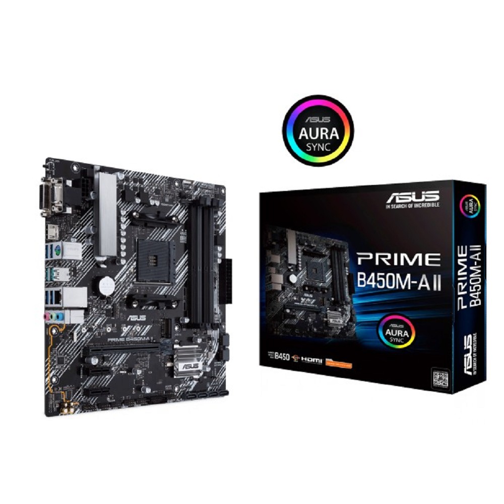 ASUS PRIME B450M-A II (Socket AM4, mATX, 4xDDR4(128GB), VGA/DVI-D/HDMI 2.0, 1xPCIe 3.0x16/2xPCIe 2.0, 1xLAN, 6xSATA 6Gb/s, 1xM.2, 6xUSB 3.2, 1xPS/2)