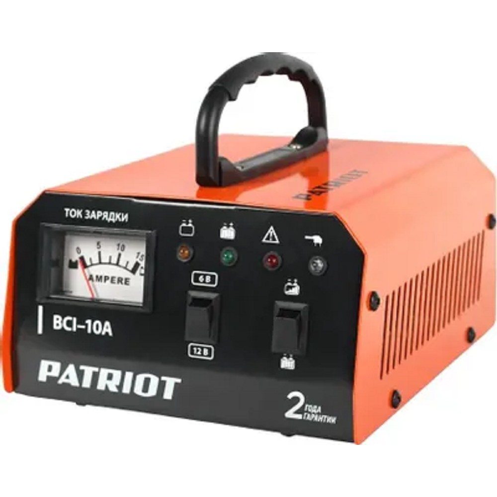 Зарядное устройство PATRIOT BCI-10A [650303410] {Вход.напр. 1ф - 220В ±15%; потреб.мощ 0,4 кВА; напряжен.зарядки 6/12В; ток зарядки макс. 10А; емк.бат. 10-150А/час; вес 1,3 кг.}
