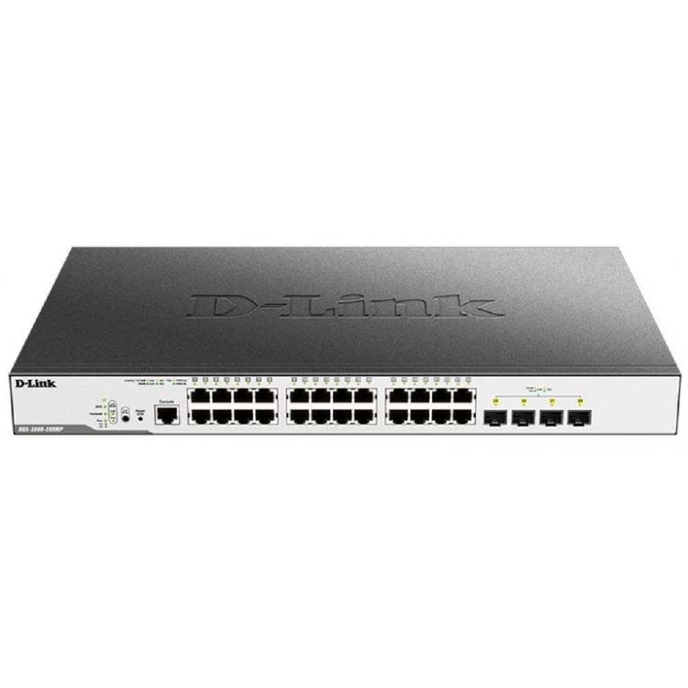 D-Link DGS-3000-28XMP/B1A Управляемый L2 коммутатор с 24 портами 10/100/1000Base-T и 4 портами 10GBase-X SFP+ (24 порта PoE 802.3af/at, PoE-бюджет 370 Вт)