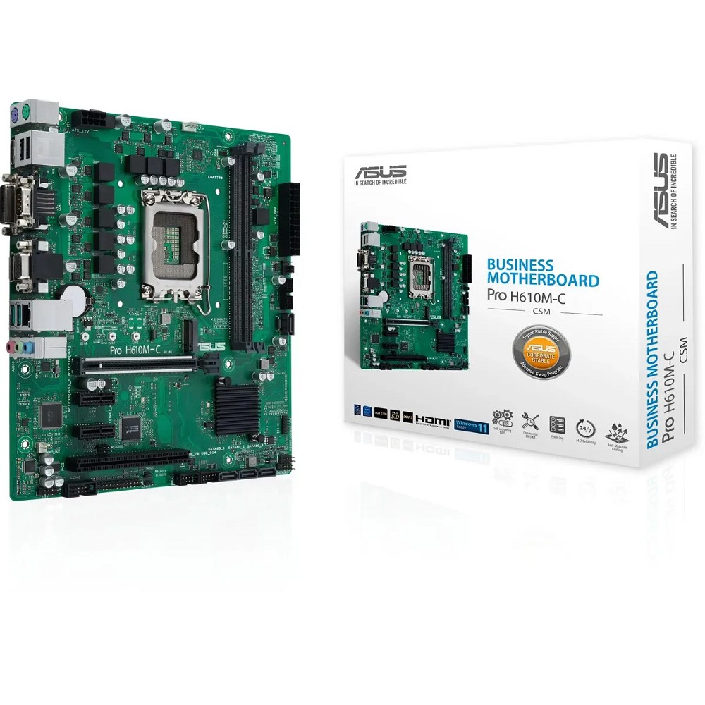 ASUS PRO H610M-C-CSM (Socket 1700, mATX, 2xDDR5(64GB), DP/DVI/HDMI, 1xPCIe 5.0x16/2xPCIe 3.0x1, 4xSATA 6Gb/s, 1xM2, 1xLAN, 1xCom, 2xUSB 3.0, 2xUSB 2.0, 2xPS/2)
