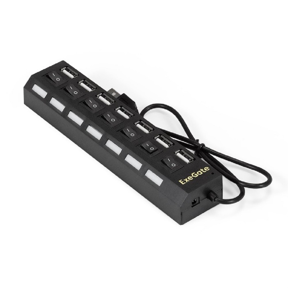 Exegate EX293978RUS USB-Хаб (концентратор) ExeGate DUB-72SW (кабель-адаптер USB2.0 --> 7xUSB2.0, кнопки включения/отключения для каждого порта, Plug&amp;Play, черный)