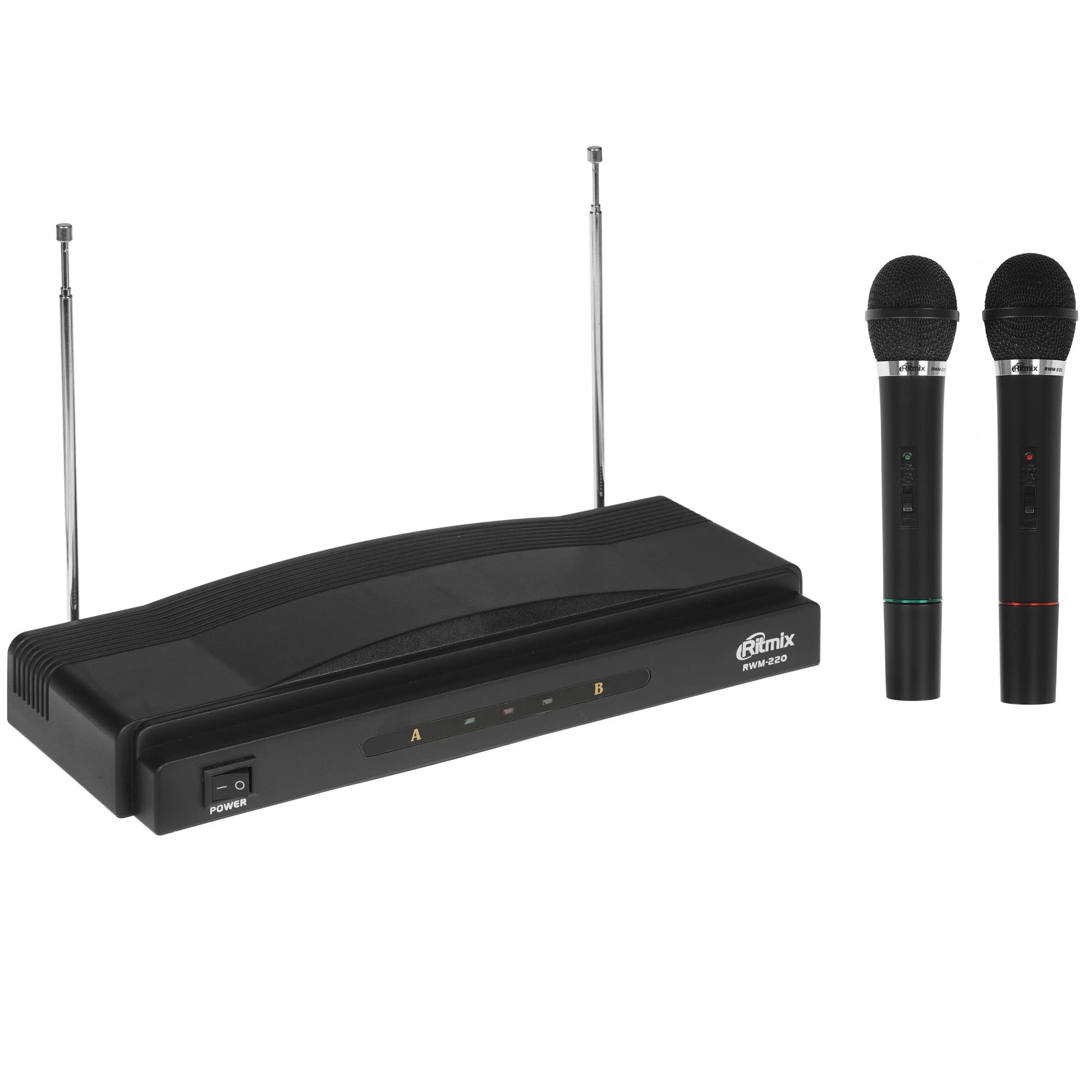 RITMIX RWM-220 {2 микрофона: 87.5 МГц - 92 МГц; раб. частоты: 100 Гц - 10 000 Гц;Чувств.: -30 дБ +/-3 дБ; пит. системы: AC 220 в  / 500 мА}