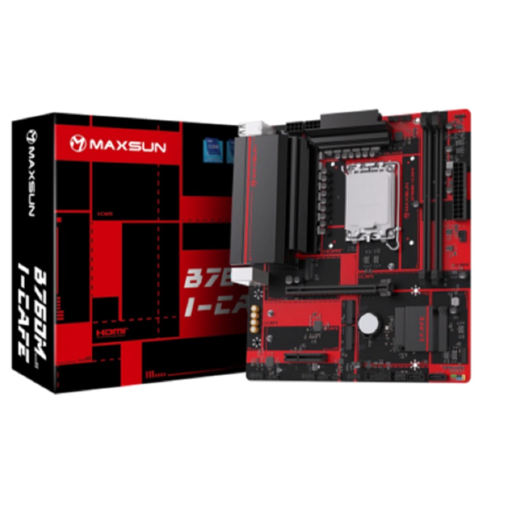 MAXSUN MS-B760M I-CAFE (Socket 1700, mATX, 2*DDR5(96Gb), DP/HDMI, 2*SATA3, 3*M.2, 1*PCIEx16/1*PCIEx4, 6*USB 2.0, 2*USB 3.2 Gen1, LAN 1*2,5G, ARGB, black-red, RTL)