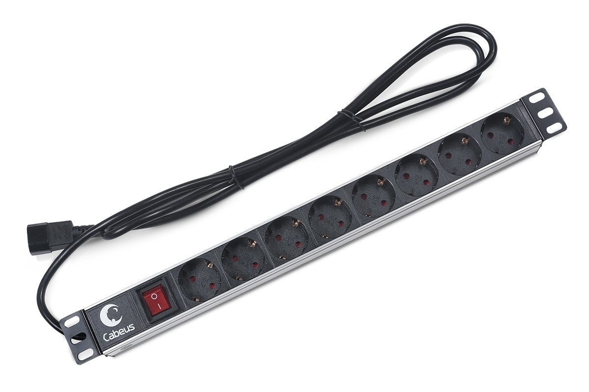 Cabeus  PDU-8P-2IEC  Блок евророзеток для 19" шкафов, горизонтальный, 8 розеток, 10 A, выключатель, алюминиевый корпус, шнур 2 м, вилка IEC 320 C14