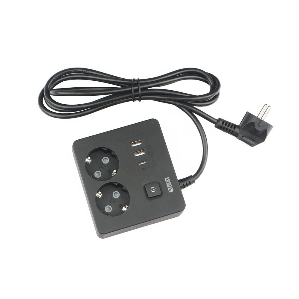 PowerCube Бытовой удлинитель (PC-1B-2M) 2р с/з вык.,3USB, 3500 Вт, 16А, 1.9 м, 3*1,0 (черный) квадрат {22308}