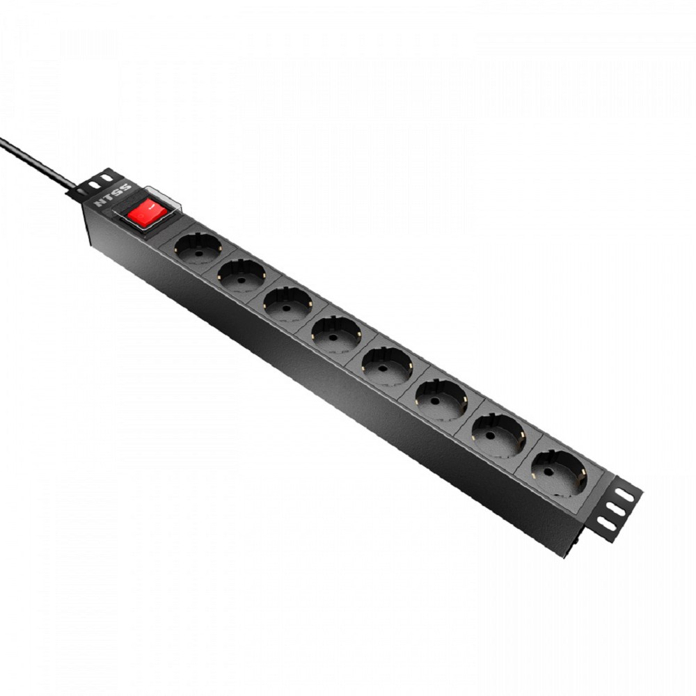 NTSS Блок розеток NTSS, 19", 1U, алюминий, 1ф10А, 2.3кВт, (8) Schuko CEE , выкл. с подсв.и  крыш., вх. 60320 С14 NTSS-PDU-DA1016