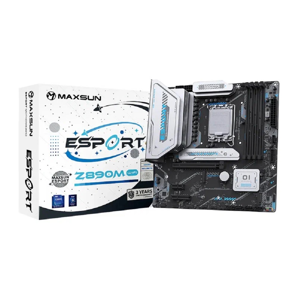 MAXSUN MS-eSport Z890M WIFI (Socket 1851, mATX, 4*DDR5(256Gb), DP/HDMI, 4*SATA3, 3*M.2, 1xPCI-Ex16/1xPCI-Ex4/1*PCIEx1, 1*Type-C, 4*USB 2.0, 2*USB 3.2, LAN 1*2.5G, BT 5.2, Wi-Fi 6 SPDIF, black)