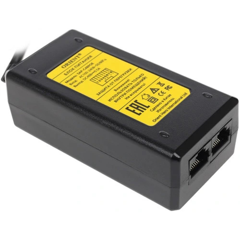 ORIENT SAP-C48POE, PoE инжектор питания 24 Вт, AC 100-240V/ DC 48V, 0.5A, вход: RJ45 LAN 10/100, выход: RJ45 PoE тип B (4/5+,7/8-), совместим с оборудованием PoE IEEE 802.3af, длина кабеля 0.9 м