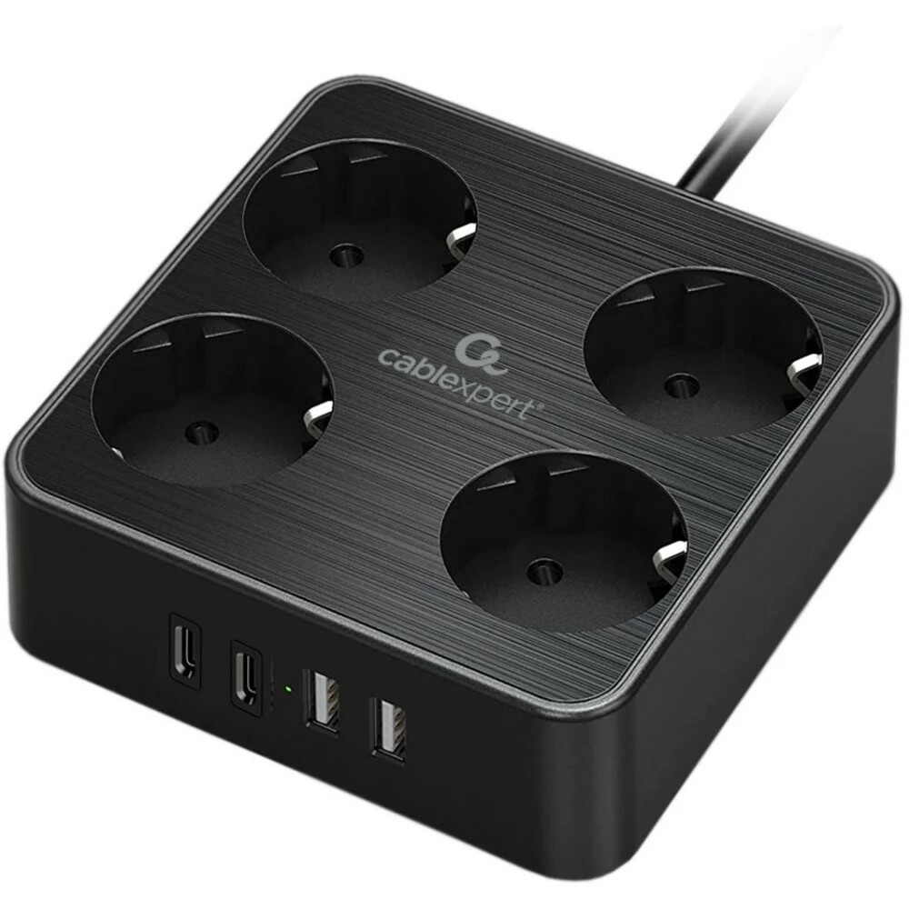 Cablexpert Сетевой фильтр Plate PLT-4-C2U2-B-2 (4р, 10А, 2xType-C PD, 20Вт, 2xUSB, 2м, ур.защиты 4+) черный, коробка {22562}