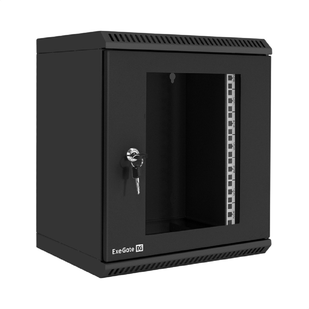Exegate EX298626RUS Шкаф телекоммуникационный 10" настенный 9U ExeGate EC-WM-9U.280.G.BLACK (10”, 9U, 350x280x420mm (ШхГхВ), передняя дверь закаленное стекло, пыле- и влагозащита IP23, черный RAL 9004