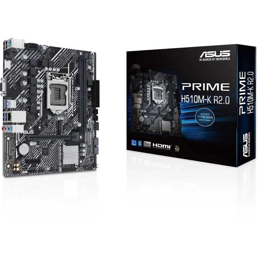 ASUS PRIME H510M-K R2.0 (Socket 1200, mATX, 2xDDR4(64GB), VGA/HDMI 2.1, 1xPCIe 4.0x16/1xPCIe 3.0, 1xLAN, 4xSATA 6Gb/s, 1xM.2, 4xUSB 3.2, 2xUSB 2.0, 1xPS/2)