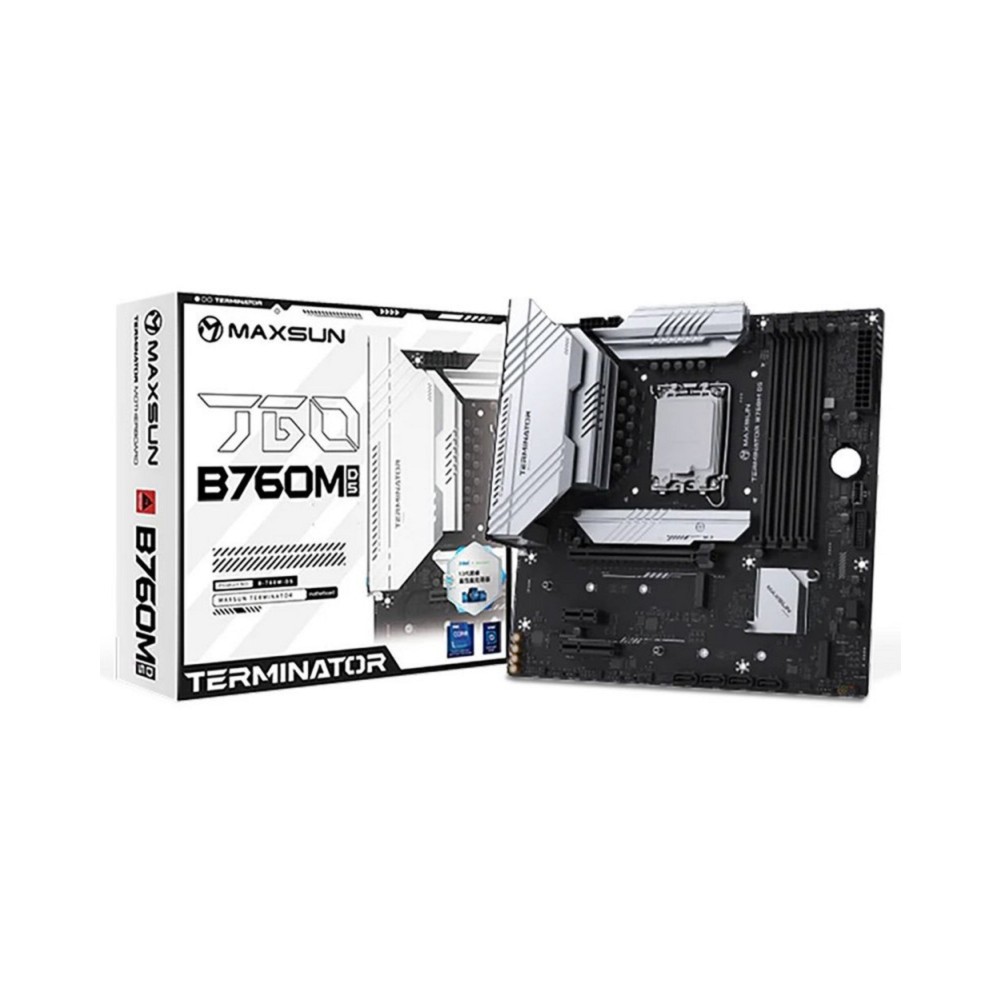 MAXSUN MS-Terminator B760M D5 WIFI 6E (Socket 1700, mATX, 4*DDR5(192Gb), DP/HDMI, 4*SATA3, 3*M.2, 1xPCI-E x16 /1xPCI-E x4/1xPCI-E x1,  6*USB 2.0,  2*USB 3.2 , LAN 1*2.5G, Wi-Fi 6E, BT5.3, RTL)