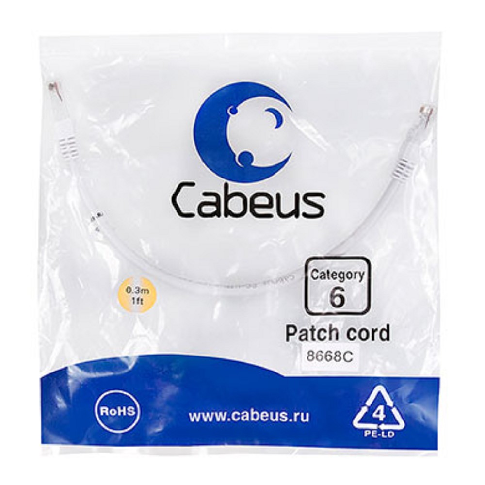 Cabeus PC-UTP-RJ45-Cat.6-0.3m-WH Патч-корд U/UTP, категория 6, 2xRJ45/8p8c, неэкранированный, белый, PVC, 0.3м